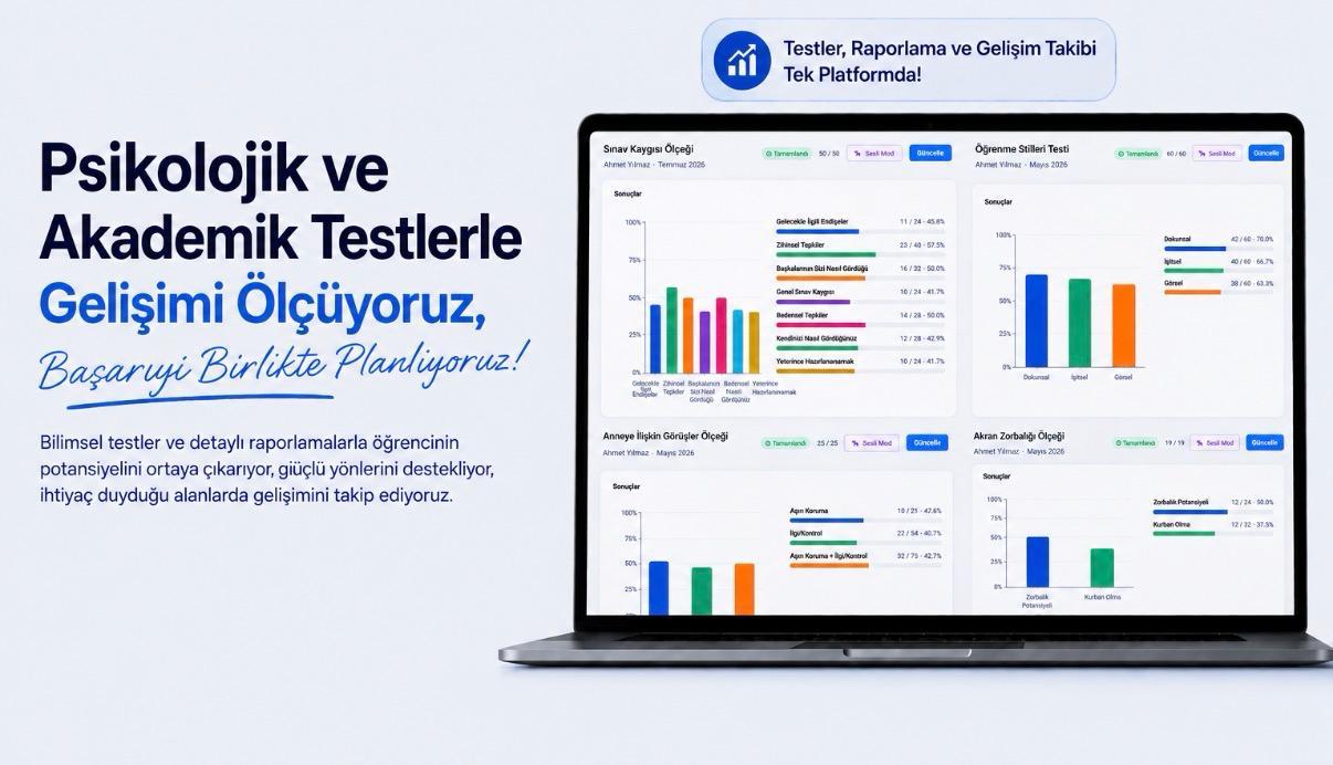Psikolojik ve akademik testlerle gelişim ölçümü — grafiklerle detaylı sonuç raporları
